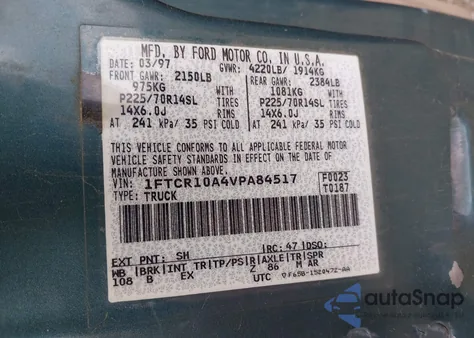 1997 Ford Ranger Splash/Xl/Xlt из США, поврежденный, VIN 1FTCR10A4VPA84517